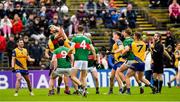 9 April 2023; Aidan O'Shea of Mayo competes with Keith Doyle of Roscommon during the Connacht GAA Football Senior Championship Quarter-Final match between Mayo and Roscommon at Hastings Insurance MacHale Park in Castlebar, Mayo. Photo by Ray Ryan/Sportsfile