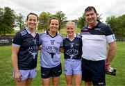 9 April 2023; Uachtarán Cumann Peil Gael na mBan, Mícheál Naughton with Donegal Allstars, from left, Nicole McLaughlin of 2022 Allstars, Geraldine McLaughlin of 2021 Allstars and Niamh McLaughlin of 2022 Allstars before the TG4 LGFA All-Star exhibition match between the 2021 Allstars and the 2022 Allstars at St Edward's University in Austin, Texas, USA. Photo by Brendan Moran/Sportsfile