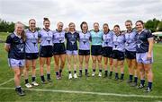 9 April 2023; Meath playes, from left, Stacey Grimes of 2022 Allstars, Aoibhín Cleary of 2021 Allstars, Máire O'Shaughnessy of 2021 Allstars, Vikki Wall of 2021 Allstars, Aoibheann Leahy of 2022 Allstars, Emma Duggan of 2021 Allstars , Monica McGuirk of 2021 Allstars, Niamh O'Sullivan of 2021 Allstars, Emma Troy of 2021 Allstars, Mary Kate Lynch of 2021 Allstars and Shauna Ennis of 2022 Allstars before the TG4 LGFA All-Star exhibition match between the 2021 Allstars and the 2022 Allstars at St Edward's University in Austin, Texas, USA. Photo by Brendan Moran/Sportsfile