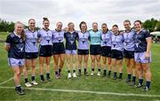 9 April 2023; Meath playes, from left, Stacey Grimes of 2022 Allstars, Aoibhín Cleary of 2021 Allstars, Máire O'Shaughnessy of 2021 Allstars, Vikki Wall of 2021 Allstars, Aoibheann Leahy of 2022 Allstars, Emma Duggan of 2021 Allstars , Monica McGuirk of 2021 Allstars, Niamh O'Sullivan of 2021 Allstars, Emma Troy of 2021 Allstars, Mary Kate Lynch of 2021 Allstars and Shauna Ennis of 2022 Allstars before the TG4 LGFA All-Star exhibition match between the 2021 Allstars and the 2022 Allstars at St Edward's University in Austin, Texas, USA. Photo by Brendan Moran/Sportsfile
