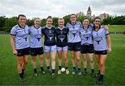 9 April 2023; Players, from left, Leah Caffrey of Dublin and 2021 Allstars, Orlagh Nolan of Dublin and 2021 Allstars, Anna Galvin of Kerry and 2022 Allstars, Carla Rowe of Dublin and 2022 Allstars, Hannah Tyrrell of Dublin and 2021 Allstars, Lyndsey Davey of Dublin and 2021 Allstars and Erika O'Shea of Cork and 2021 Allstars after the TG4 LGFA All-Star exhibition match between the 2021 Allstars and the 2022 Allstars at St Edward's University in Austin, Texas, USA. Photo by Brendan Moran/Sportsfile