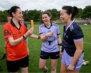 9 April 2023; Referee Maggie Farrelly, left, with Lyndsey Davey of Dublin and 2021 Allstars and Nicole McLaughlin of Donegal and 2022 Allstars after the TG4 LGFA All-Star exhibition match between the 2021 Allstars and the 2022 Allstars at St Edward's University in Austin, Texas, USA. Photo by Brendan Moran/Sportsfile