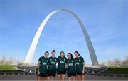 9 April 2023; Republic of Ireland players, from left, Jamie Finn, Claire O'Riordan, Hayley Nolan, Roma McLaughlin and Heather Payne pose for a photograph underneath the Gateway Arch in St. Louis, Missouri, USA. Photo by Stephen McCarthy/Sportsfile