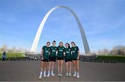 9 April 2023; Republic of Ireland players, from left, Jamie Finn, Claire O'Riordan, Hayley Nolan, Roma McLaughlin and Heather Payne pose for a photograph underneath the Gateway Arch in St. Louis, Missouri, USA. Photo by Stephen McCarthy/Sportsfile