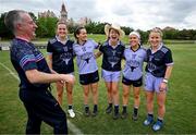 9 April 2023; 2021 Allstars manager Eamonn Murray, left, with playes, from left, Aimee Mackin of Armagh and 2022 Allstars, Geraldine McLaughlin of Donegal and 2021 Allstars, Nicole McLaughlin of Donegal and 2022 Allstars, Lauren McConville of Armagh and 2021 Allstars and Niamh McLaughlin of Donegal and 2022 Allstars after the TG4 LGFA All-Star exhibition match between the 2021 Allstars and the 2022 Allstars at St Edward's University in Austin, Texas, USA. Photo by Brendan Moran/Sportsfile