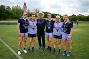 9 April 2023; 2021 Allstars manager Eamonn Murray with Ulster Allstars, from left, Aimee Mackin of Armagh and 2022 Allstars, Geraldine McLaughlin of Donegal and 2021 Allstars, Nicole McLaughlin of Donegal and 2022 Allstars, Lauren McConville of Armagh and 2021 Allstars and Niamh McLaughlin of Donegal and 2022 Allstars after the TG4 LGFA All-Star exhibition match between the 2021 Allstars and the 2022 Allstars at St Edward's University in Austin, Texas, USA. Photo by Brendan Moran/Sportsfile