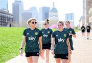 9 April 2023; Republic of Ireland players, from left, Hayley Nolan, Claire O'Riordan, Jamie Finn and Heather Payne during a walk in St. Louis, Missouri, USA. Photo by Stephen McCarthy/Sportsfile