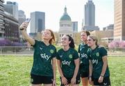 9 April 2023; Republic of Ireland players, from left, Hayley Nolan, Roma McLaughlin, Heather Payne and Jamie Finn pose for a photograph in front of the Old Courthouse in St. Louis, Missouri, USA. Photo by Stephen McCarthy/Sportsfile