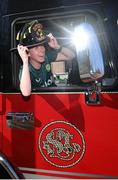 9 April 2023; Republic of Ireland's Claire O'Riordan poses for a photograph in a fire engine of the St. Louis Fire Department in St. Louis, Missouri, USA. Photo by Stephen McCarthy/Sportsfile