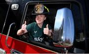 9 April 2023; Republic of Ireland's Claire O'Riordan poses for a photograph in a fire engine of the St. Louis Fire Department in St. Louis, Missouri, USA. Photo by Stephen McCarthy/Sportsfile