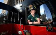 9 April 2023; Republic of Ireland's Claire O'Riordan poses for a photograph in a fire engine of the St. Louis Fire Department in St. Louis, Missouri, USA. Photo by Stephen McCarthy/Sportsfile