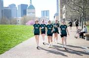 9 April 2023; Republic of Ireland players, from left, Hayley Nolan, Claire O'Riordan, Jamie Finn, Heather Payne and Roma McLaughlin during a walk in St. Louis, Missouri, USA. Photo by Stephen McCarthy/Sportsfile