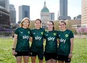 9 April 2023; Republic of Ireland players, from left, Hayley Nolan, Heather Payne, Roma McLaughlin and Jamie Finn pose for a photograph in front of the Old Courthouse in St. Louis, Missouri, USA. Photo by Stephen McCarthy/Sportsfile