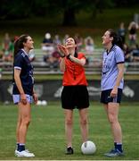 9 April 2023; Referee Maggie Farrelly performs the coin toss in the company of captains Aimee Mackin of Armagh and 2022 Allstars, left, and Hannah Tyrrell of Dublin and 2021 Allstars before the TG4 LGFA All-Star exhibition match between the 2021 Allstars and the 2022 Allstars at St Edward's University in Austin, Texas, USA. Photo by Brendan Moran/Sportsfile