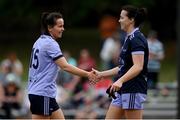 9 April 2023; Geraldine McLaughlin of Donegal and 2021 Allstars , left, shakes hands with Nicole McLaughlin of Donegal and 2022 Allstars after the TG4 LGFA All-Star exhibition match between the 2021 Allstars and the 2022 Allstars at St Edward's University in Austin, Texas, USA. Photo by Brendan Moran/Sportsfile