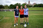 9 April 2023; Team captains Aimee Mackin of Armagh and 2022 Allstars, left, and Hannah Tyrrell of Dublin and 2021 Allstars shake hands in the company of referee Maggie Farrelly during the TG4 LGFA All-Star exhibition match between the 2021 Allstars and the 2022 Allstars at St Edward's University in Austin, Texas, USA. Photo by Brendan Moran/Sportsfile
