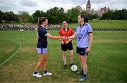 9 April 2023; Team captains Aimee Mackin of Armagh and 2022 Allstars, left, and Hannah Tyrrell of Dublin and 2021 Allstars shake hands in the company of referee Maggie Farrelly during the TG4 LGFA All-Star exhibition match between the 2021 Allstars and the 2022 Allstars at St Edward's University in Austin, Texas, USA. Photo by Brendan Moran/Sportsfile