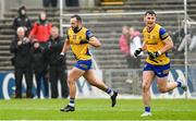 9 April 2023; Donie Smith of Roscommon, left, and teammate Diarmuid Murtagh celebrate their side's second goal during the Connacht GAA Football Senior Championship Quarter-Final match between Mayo and Roscommon at Hastings Insurance MacHale Park in Castlebar, Mayo. Photo by Ramsey Cardy/Sportsfile