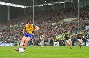 9 April 2023; Enda Smith of Roscommon shoots to score his side's first goal, from a penalty, during the Connacht GAA Football Senior Championship Quarter-Final match between Mayo and Roscommon at Hastings Insurance MacHale Park in Castlebar, Mayo. Photo by Ramsey Cardy/Sportsfile