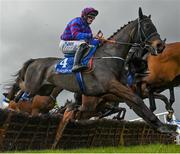 10 April 2023; Telecon, with Ricky Doyle up, jumps the second on their way to winning the Farmhouse Foods Novice Handicap Hurdle on day three of the Fairyhouse Easter Festival at Fairyhouse Racecourse in Ratoath, Meath. Photo by Seb Daly/Sportsfile
