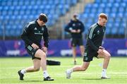 10 April 2023; Charlie Tector, left, and Ciarán Frawley during Leinster rugby squad training at Energia Park in Dublin. Photo by Harry Murphy/Sportsfile