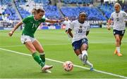 8 April 2023; Heather Payne of Republic of Ireland in action against Crystal Dunn of United States during the Women's International friendly match between USA and Republic of Ireland at the Q2 Stadium in Austin, Texas. Photo by Brendan Moran/Sportsfile