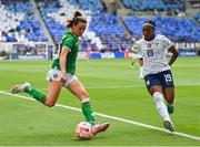 8 April 2023; Heather Payne of Republic of Ireland in action against Crystal Dunn of United States during the Women's International friendly match between USA and Republic of Ireland at the Q2 Stadium in Austin, Texas. Photo by Brendan Moran/Sportsfile