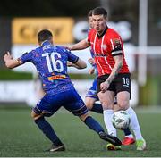 10 April 2023; Patrick McEleney of Derry City in action against Keith Buckley of Bohemians during the SSE Airtricity Men's Premier Division match between Derry City and Bohemians at The Ryan McBride Brandywell Stadium in Derry. Photo by Ramsey Cardy/Sportsfile