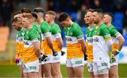 9 April 2023; The Offaly players stand as the National Anthem is played before the Leinster GAA Football Senior Championship Round 1 match between Longford and Offaly at Glennon Brothers Pearse Park in Longford. Photo by Ray McManus/Sportsfile