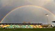 10 April 2023; A rainbow over the pitch before the SSE Airtricity Men's Premier Division match between Shamrock Rovers and UCD at Tallaght Stadium in Dublin. Photo by Piaras Ó Mídheach/Sportsfile