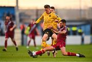 10 April 2023; Chris Forrester of St Patrick's Athletic is tackled by Luke Heeney of Drogheda United during the SSE Airtricity Men's Premier Division match between Drogheda United and St Patrick's Athletic at Weaver's Park in Drogheda, Louth. Photo by Ben McShane/Sportsfile