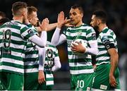 10 April 2023; Graham Burke of Shamrock Rovers, 10, celebrates with teammates after scoring his side's first goal during the SSE Airtricity Men's Premier Division match between Shamrock Rovers and UCD at Tallaght Stadium in Dublin. Photo by Piaras Ó Mídheach/Sportsfile