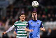 10 April 2023; Ciaran Behan of UCD in action against Trevor Clarke of Shamrock Rovers during the SSE Airtricity Men's Premier Division match between Shamrock Rovers and UCD at Tallaght Stadium in Dublin. Photo by Piaras Ó Mídheach/Sportsfile