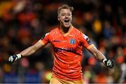 10 April 2023; Bohemians goalkeeper James Talbot celebrates at the final whistle of the SSE Airtricity Men's Premier Division match between Derry City and Bohemians at The Ryan McBride Brandywell Stadium in Derry. Photo by Ramsey Cardy/Sportsfile