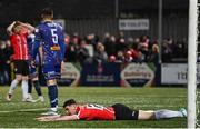 10 April 2023; Cian Kavanagh of Derry City reacts after a missed chance during the SSE Airtricity Men's Premier Division match between Derry City and Bohemians at The Ryan McBride Brandywell Stadium in Derry. Photo by Ramsey Cardy/Sportsfile