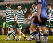 10 April 2023; Jack Byrne of Shamrock Rovers, centre, celebrates after scoring his side's third goal during the SSE Airtricity Men's Premier Division match between Shamrock Rovers and UCD at Tallaght Stadium in Dublin. Photo by Piaras Ó Mídheach/Sportsfile
