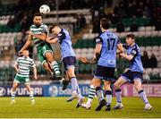 10 April 2023; Roberto Lopes of Shamrock Rovers in action against Luke O'Regan of UCD during the SSE Airtricity Men's Premier Division match between Shamrock Rovers and UCD at Tallaght Stadium in Dublin. Photo by Piaras Ó Mídheach/Sportsfile