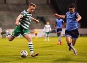 10 April 2023; Sean Hoare of Shamrock Rovers in action against Brendan Barr of UCD during the SSE Airtricity Men's Premier Division match between Shamrock Rovers and UCD at Tallaght Stadium in Dublin. Photo by Piaras Ó Mídheach/Sportsfile