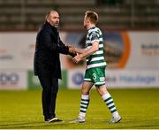 10 April 2023; UCD manager Andy Myler shakes hands with Sean Hoare of Shamrock Rovers after the SSE Airtricity Men's Premier Division match between Shamrock Rovers and UCD at Tallaght Stadium in Dublin. Photo by Piaras Ó Mídheach/Sportsfile