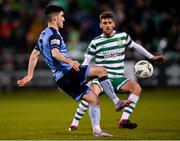 10 April 2023; Brendan Barr of UCD in action against Dylan Watts of Shamrock Rovers during the SSE Airtricity Men's Premier Division match between Shamrock Rovers and UCD at Tallaght Stadium in Dublin. Photo by Piaras Ó Mídheach/Sportsfile