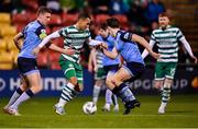 10 April 2023; Graham Burke of Shamrock Rovers in action against Jack Keaney, left, and Dara Keane of UCD during the SSE Airtricity Men's Premier Division match between Shamrock Rovers and UCD at Tallaght Stadium in Dublin. Photo by Piaras Ó Mídheach/Sportsfile