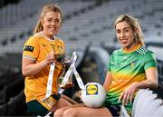 11 April 2023; In attendance at a photocall ahead of the 2023 Lidl Ladies National Football League Finals are Division 4 finalists Cathy Carey  of Antrim, left, and Niamh Tighe of Leitrim at Croke Park in Dublin. The Divisions 1 and 2 Finals will be played at Croke Park next Saturday, April 15, followed by the Divisions 3 and 4 Finals at Parnell Park next Sunday, April 16. Photo by Sam Barnes/Sportsfile