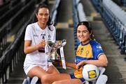 11 April 2023; In attendance at a photocall ahead of the 2023 Lidl Ladies National Football League Finals are Division 3 finalists Grace Clifford of Kildare, left, and Sinead Considine of Clare, at Croke Park in Dublin. The Divisions 1 and 2 Finals will be played at Croke Park next Saturday, April 15, followed by the Divisions 3 and 4 Finals at Parnell Park next Sunday, April 16. Photo by Sam Barnes/Sportsfile