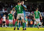 10 April 2023; Cork City goalkeeper Jimmy Corcoran celebrates with teammate Cian Coleman after the SSE Airtricity Men's Premier Division match between Cork City and Dundalk at Turner's Cross in Cork. Photo by Eóin Noonan/Sportsfile