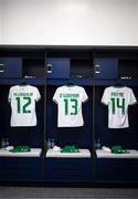 11 April 2023; Republic of Ireland jerseys of, from left, Roma McLaughlin, Áine O'Gorman and Heather Payne hang in the dressing room before the women's international friendly match between USA and Republic of Ireland at CITYPARK in St Louis, Missouri, USA. Photo by Stephen McCarthy/Sportsfile