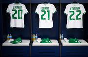 11 April 2023; Republic of Ireland jerseys of, from left, Abbie Larkin, Ciara Grant and Kyra Carusa hang in the dressing room before the women's international friendly match between USA and Republic of Ireland at CITYPARK in St Louis, Missouri, USA. Photo by Stephen McCarthy/Sportsfile