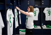11 April 2023; Republic of Ireland kit and equipment manager Orla Haran places the jerseys in the dressing room the women's international friendly match between USA and Republic of Ireland at CITYPARK in St Louis, Missouri, USA. Photo by Stephen McCarthy/Sportsfile