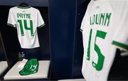11 April 2023; A view of the Republic of Ireland jerseys of Heather Payne, left, and Lucy Quinn in the dressing room before the women's international friendly match between USA and Republic of Ireland at CITYPARK in St Louis, Missouri, USA. Photo by Stephen McCarthy/Sportsfile