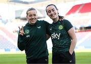 11 April 2023; Harriet Scott, left, and Roma McLaughlin of Republic of Ireland before the women's international friendly match between USA and Republic of Ireland at CITYPARK in St Louis, Missouri, USA. Photo by Stephen McCarthy/Sportsfile