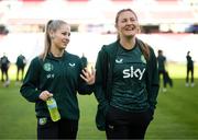 11 April 2023; Tara O'Hanlon, left, and Kyra Carusa of Republic of Ireland before the women's international friendly match between USA and Republic of Ireland at CITYPARK in St Louis, Missouri, USA. Photo by Stephen McCarthy/Sportsfile